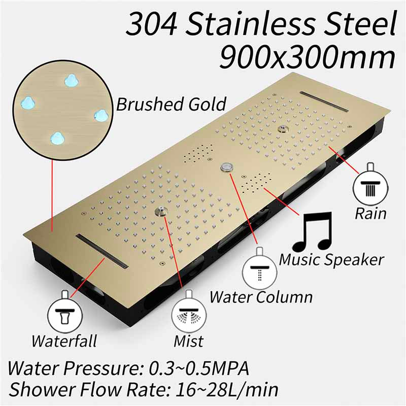 Boelon Brushed Gold LED Rain Shower System with Sound and Digital Display
