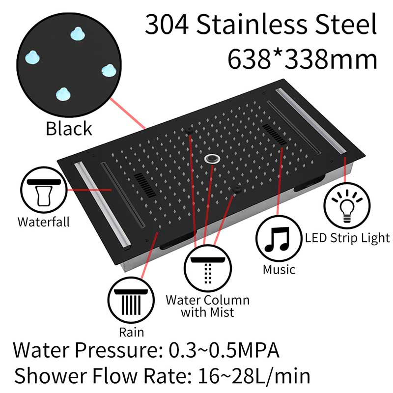 Boelon LED Rainfall Shower System with Integrated Speaker