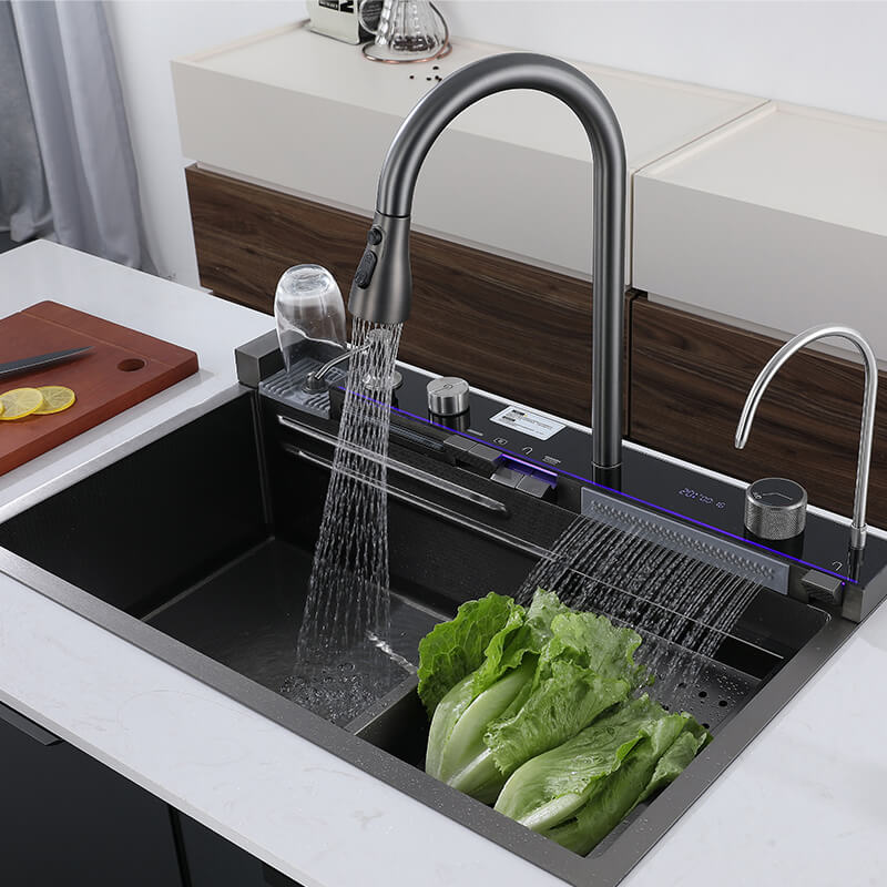 Boelon Luxury Waterfall Kitchen Sink with LED Digital Display and Black Stainless Steel Finish