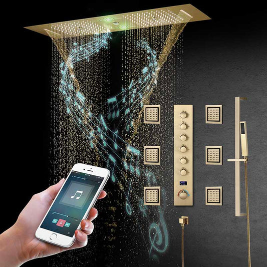 Boelon Brushed Gold LED Rain Shower System with Sound and Digital Display