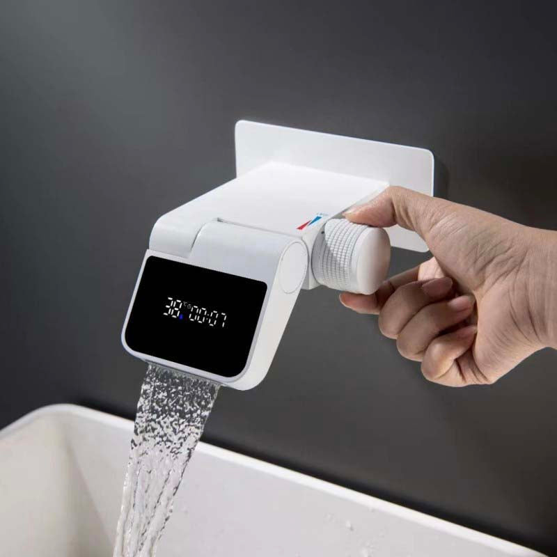 Boelon White Brass Foldable Basin Faucet with LED Display and Waterfall Spout