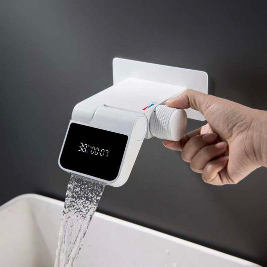Boelon White Brass Foldable Basin Faucet with LED Display and Waterfall Spout