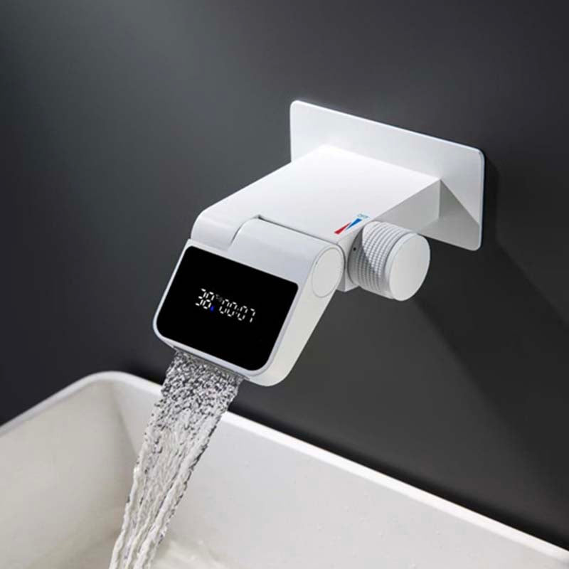 Boelon White Brass Foldable Basin Faucet with LED Display and Waterfall Spout