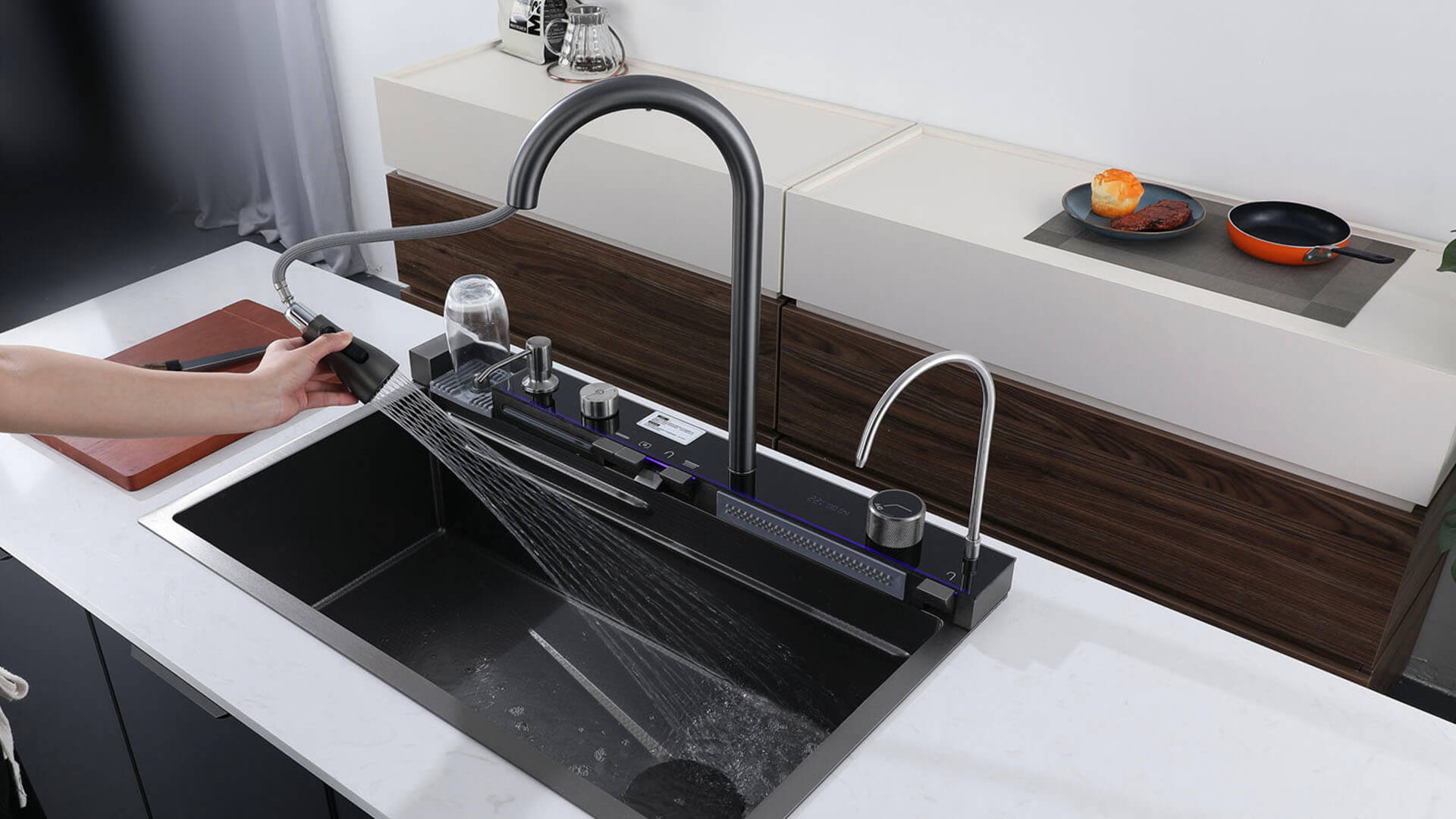 The original Boelon waterfall kitchen sink with smart LED display and 304 stainless steel workstation design